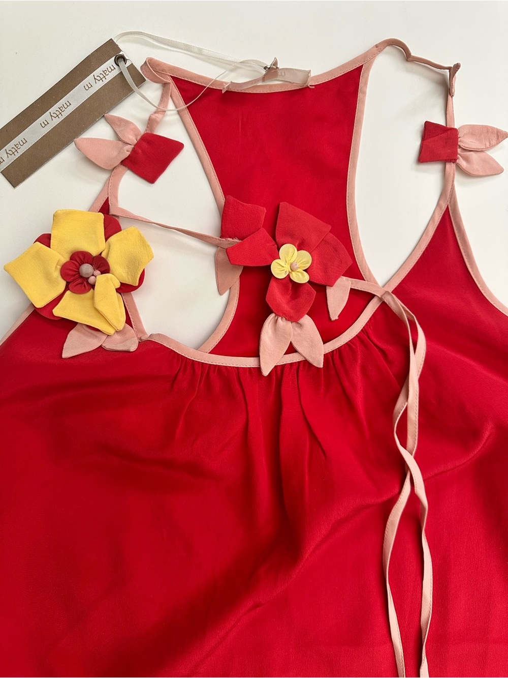 Matty M Silk Red Pink Floral Appliqué Accent halter mini Dress